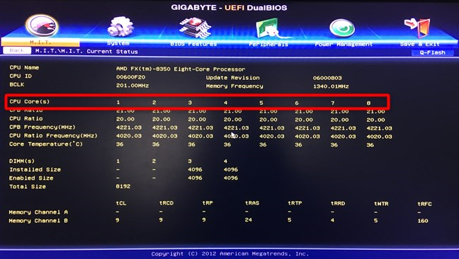 The number of cores on a CPU shown in the UEFI BIOS of a motherboard
