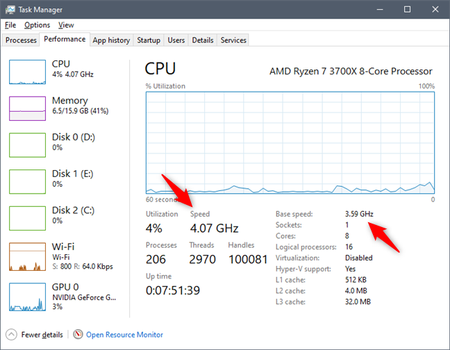 See the base and real-time speed of the processor, using Task Manager