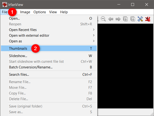 The Thumbnails entry from IrfanView's File menu