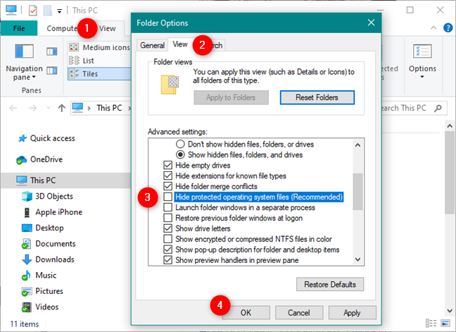 Disabling the Hide protected operating system files setting in File Explorer