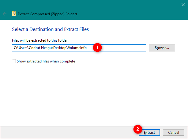 Choosing a location and a name for the contents of the ZIP file