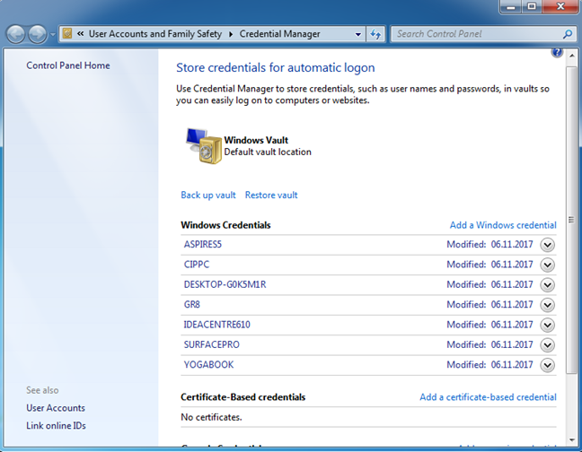 Credential Manager is where Windows stores passwords and login details