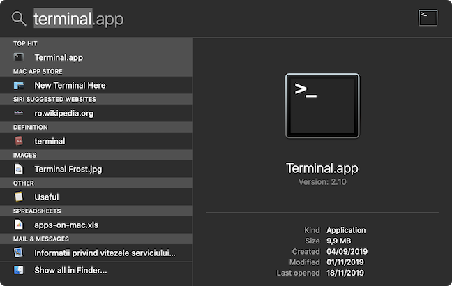 Finding the Terminal app via Spotlight