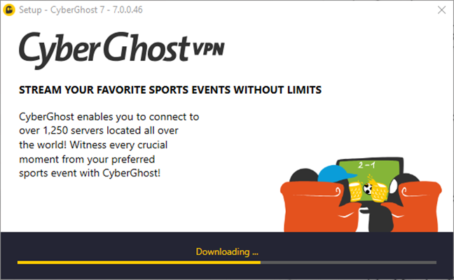 The installation of CyberGhost VPN on a Windows PC