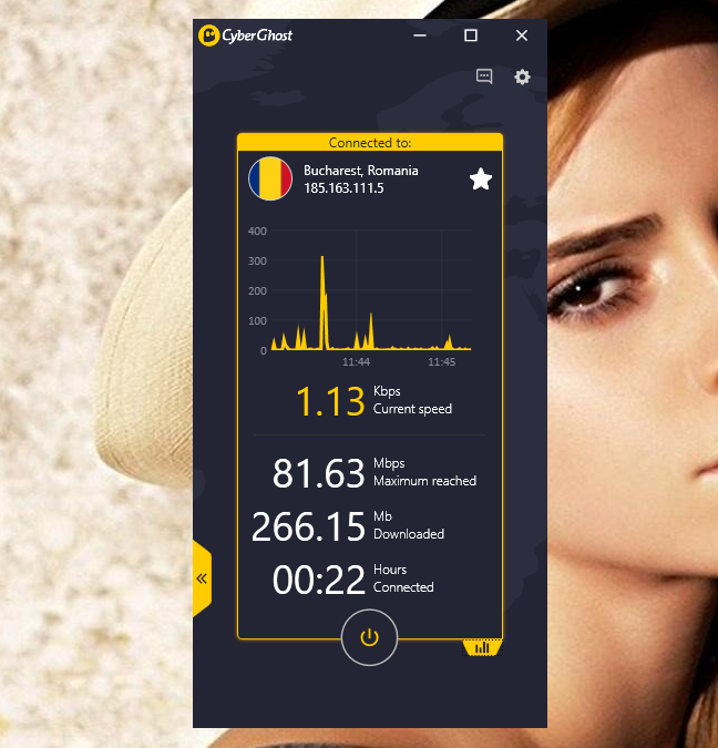 What the CyberGhost VPN for Windows looks like when you are connected