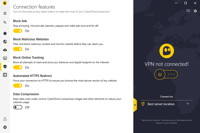 The Connection features available in CyberGhost VPN