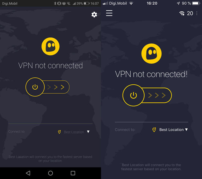 Connecting to a VPN server in CyberGhost VPN for Android and iOS