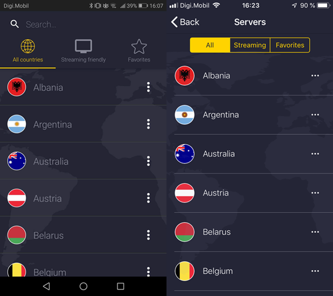 Choosing the VPN server in CyberGhost VPN for Android or iOS