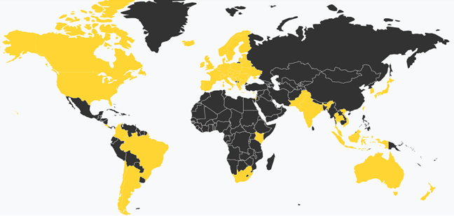 Map of countries in which CyberGhost has servers