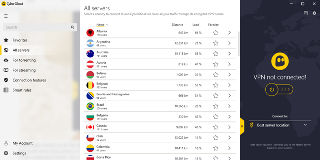 The full-sized user interface of CyberGhost VPN for Windows