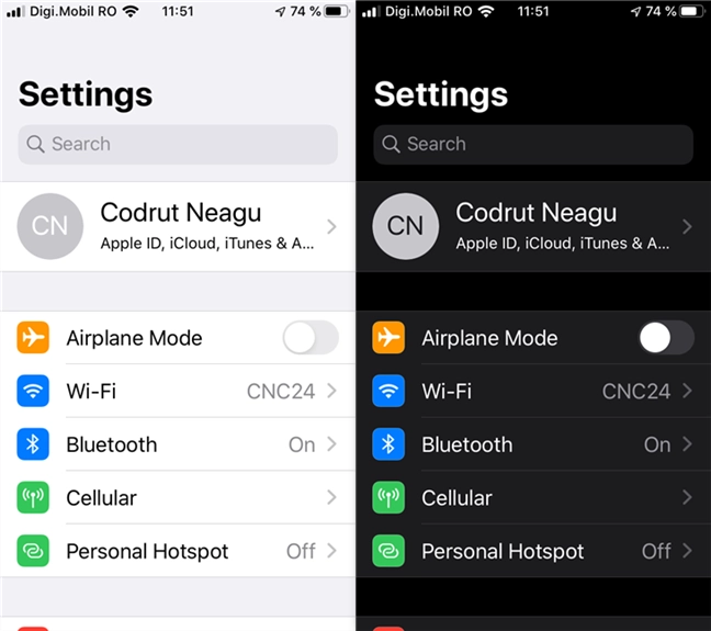 The iPhone Settings using Light and Dark appearance