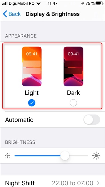 The Appearance section lets you choose between Light and Dark