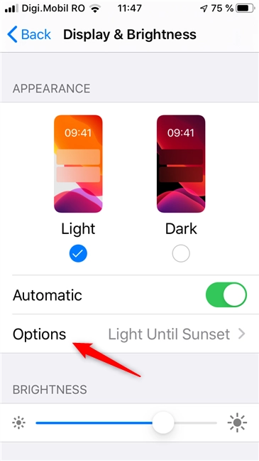 Options for the automatic switch between the Light and Dark Mode