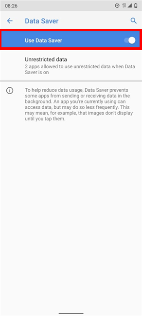Tap Use Data Saver to activate the setting