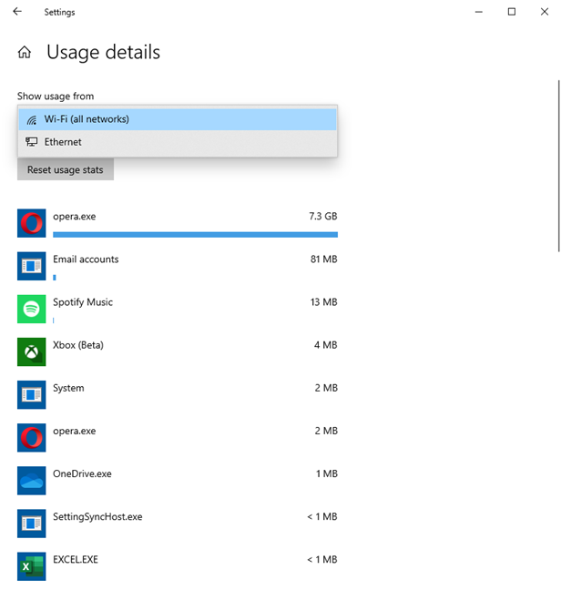 Switching the data usage stats to Ethernet or Cellular