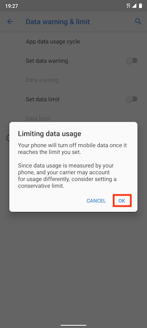 Confirm turning on the Set data limit option