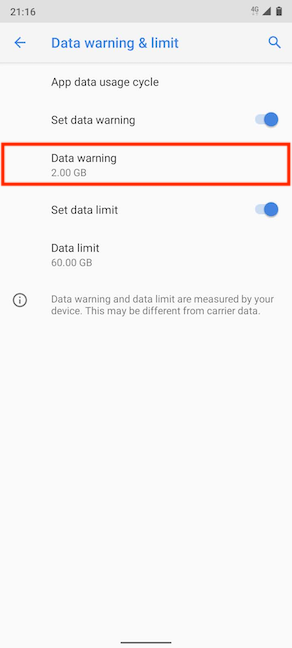 Tap on Data warning to change the value
