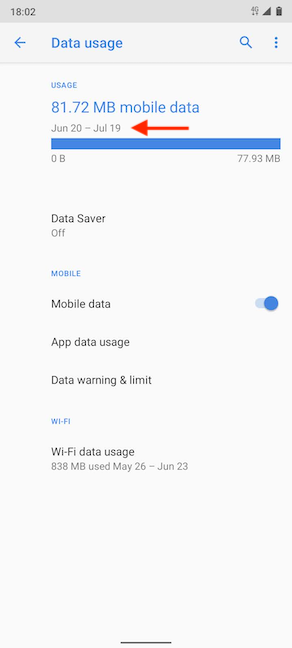 Your new data usage cycle is displayed