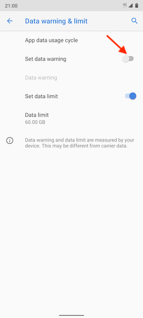 Tap to start settings a data warning