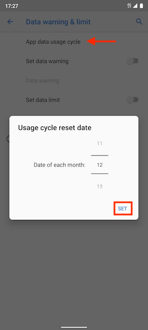 Set the date when Android resets your mobile data usage