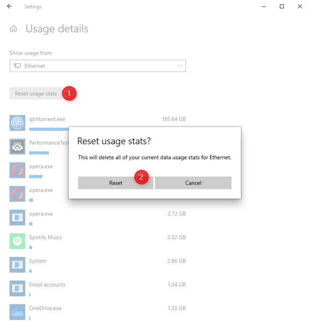 Resetting data usage stats in Windows 10