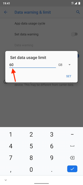 Insert a data usage limit
