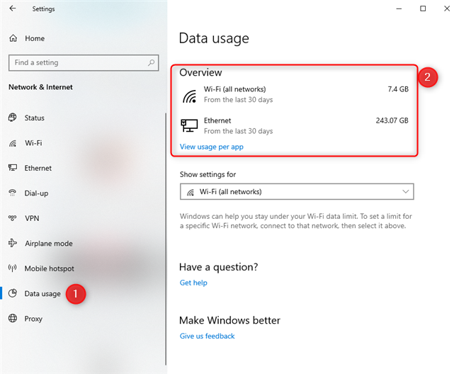 Windows 10 Settings - Go to Data usage