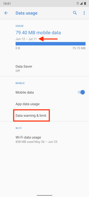 Tap on Data warning &amp; limit