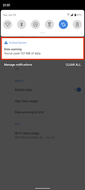 The Data warning lets you know your current data usage