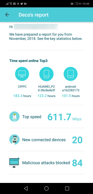 The monthly report offered by the TP-Link Deco mobile app