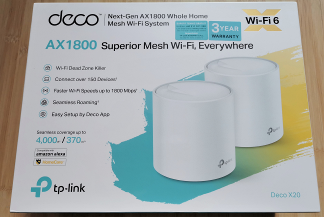 The packaging for the TP-Link Deco X20