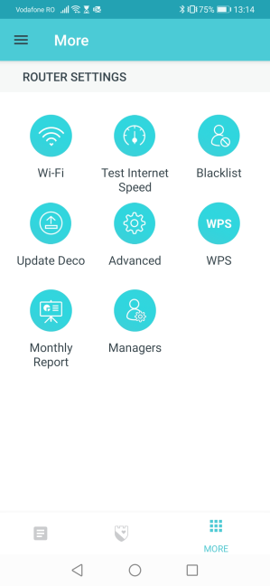 The settings available in the TP-Link Deco app