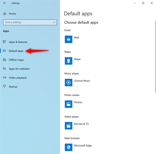 Windows 10 Settings - Go to Default apps