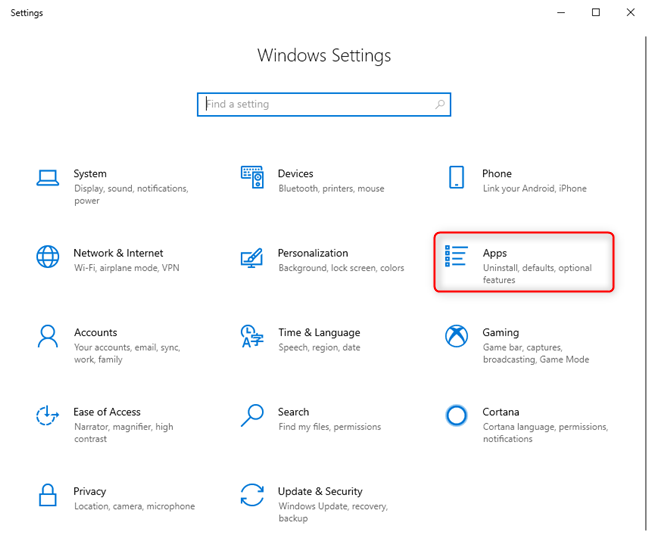 Windows 10 Settings - Go to Apps