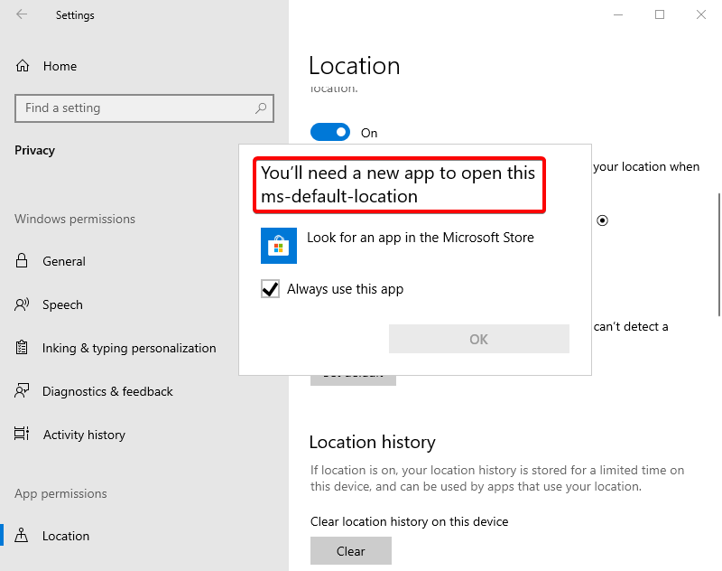 You'll need a new app to open this ms-default-location