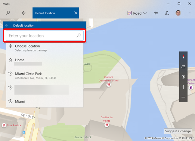 Enter the default location in Maps for Windows 10