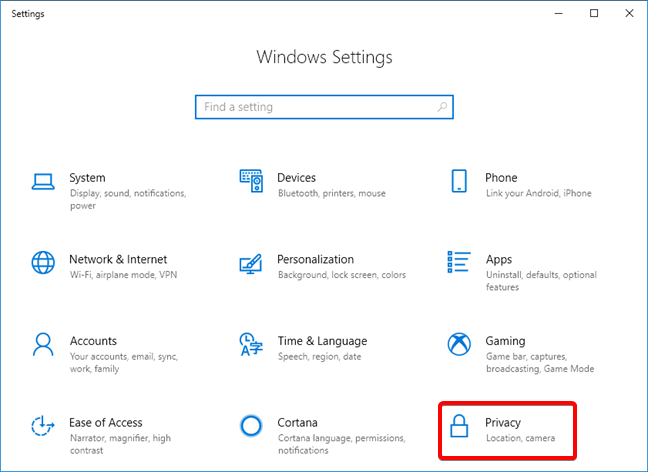 Open Privacy settings in Windows 10