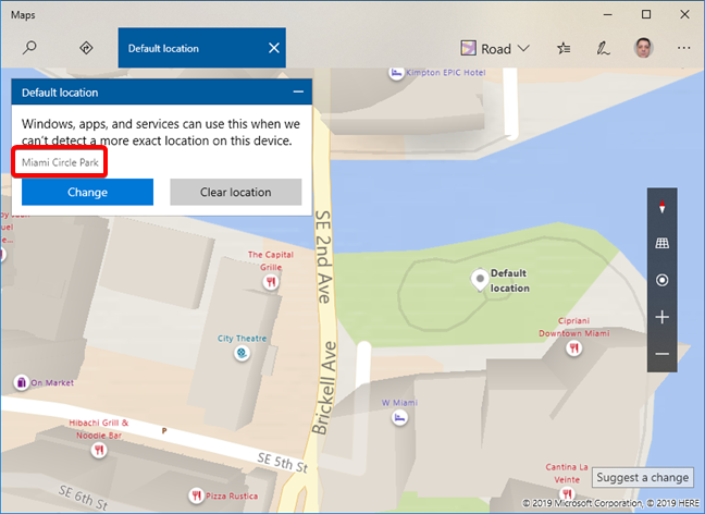 The default location set in Maps for Windows 10