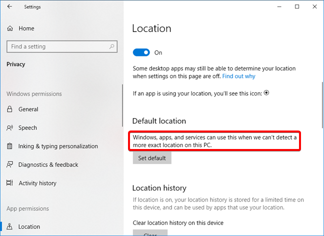 Default location use in Windows 10