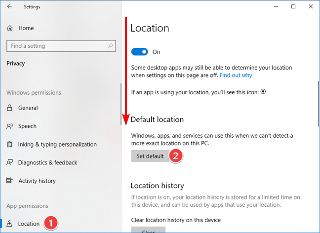 Set default location in Windows 10