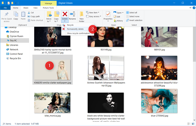 Permanently delete a file from the File Explorer's Home tab