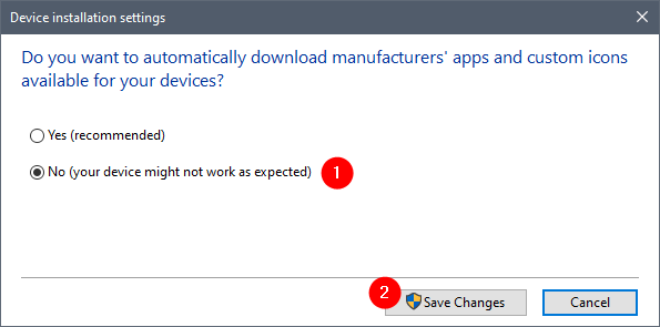 Choosing not to let Windows download drivers automatically