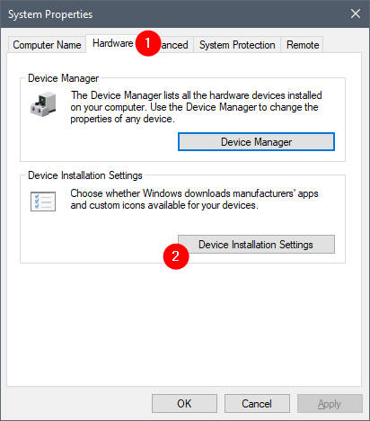 Device Installation Settings on the Hardware tab from System Properties