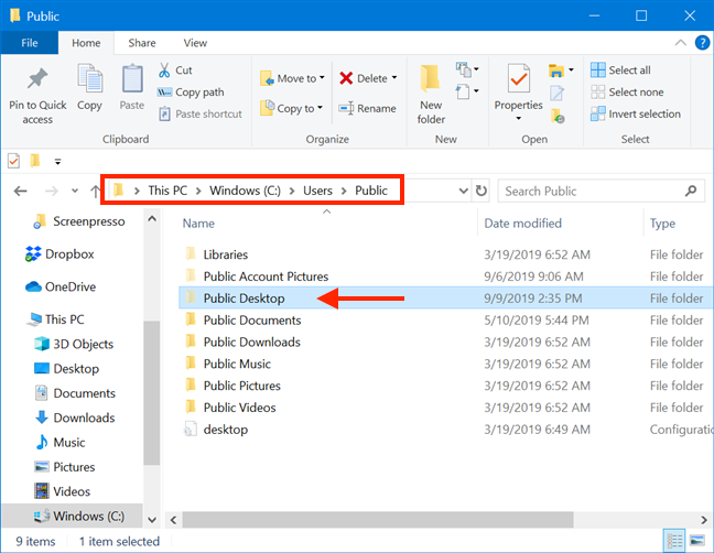 The Public Desktop folder