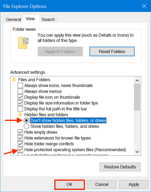 Select either or both options to hide desktop.ini files from view