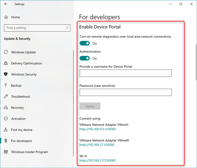 Enabling the Device Portal in Windows 10