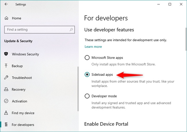 Enabling the Sideload apps feature in Windows 10