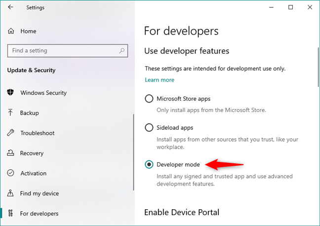 The Developer mode feature from Windows 10