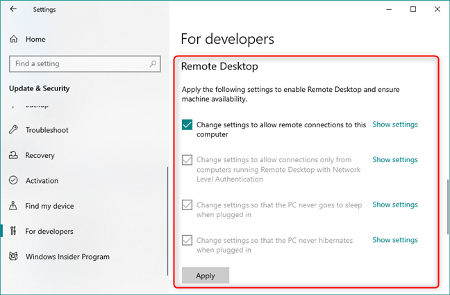 Easy access to Remote Desktop settings that are useful to developers