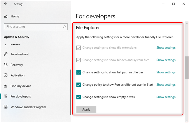 Easy access to File Explorer settings that are useful to developers